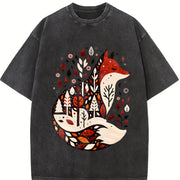 Folk Art Bohemian Fox and Tree Vintage Washed T-Shirt in Black