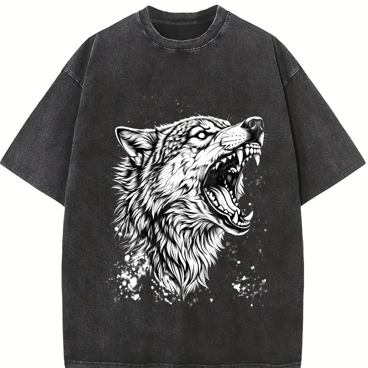 Wolf 90s Retro ® Grunge Howling Wolf Y2k Vintage Washed T-Shirt in Black