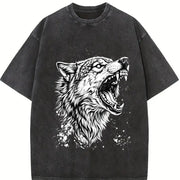 Wolf 90s Retro ® Grunge Howling Wolf Y2k Vintage Washed T-Shirt in Black
