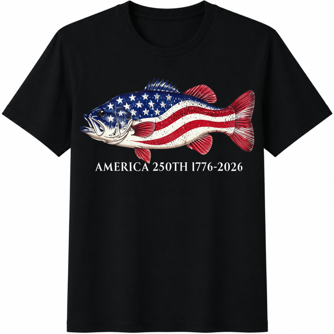 Largemouth Bass American 250th Cotton T-Shirt in Black