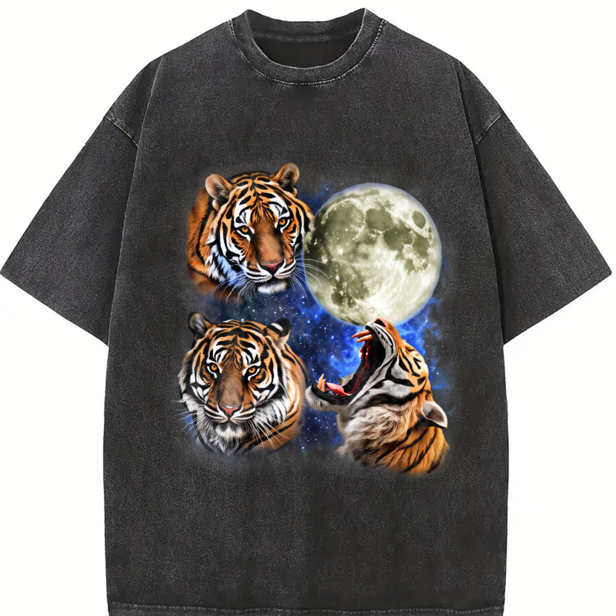 Tigers in Galaxy Retro Tiger Moon Vintage Washed T-Shirt in Black