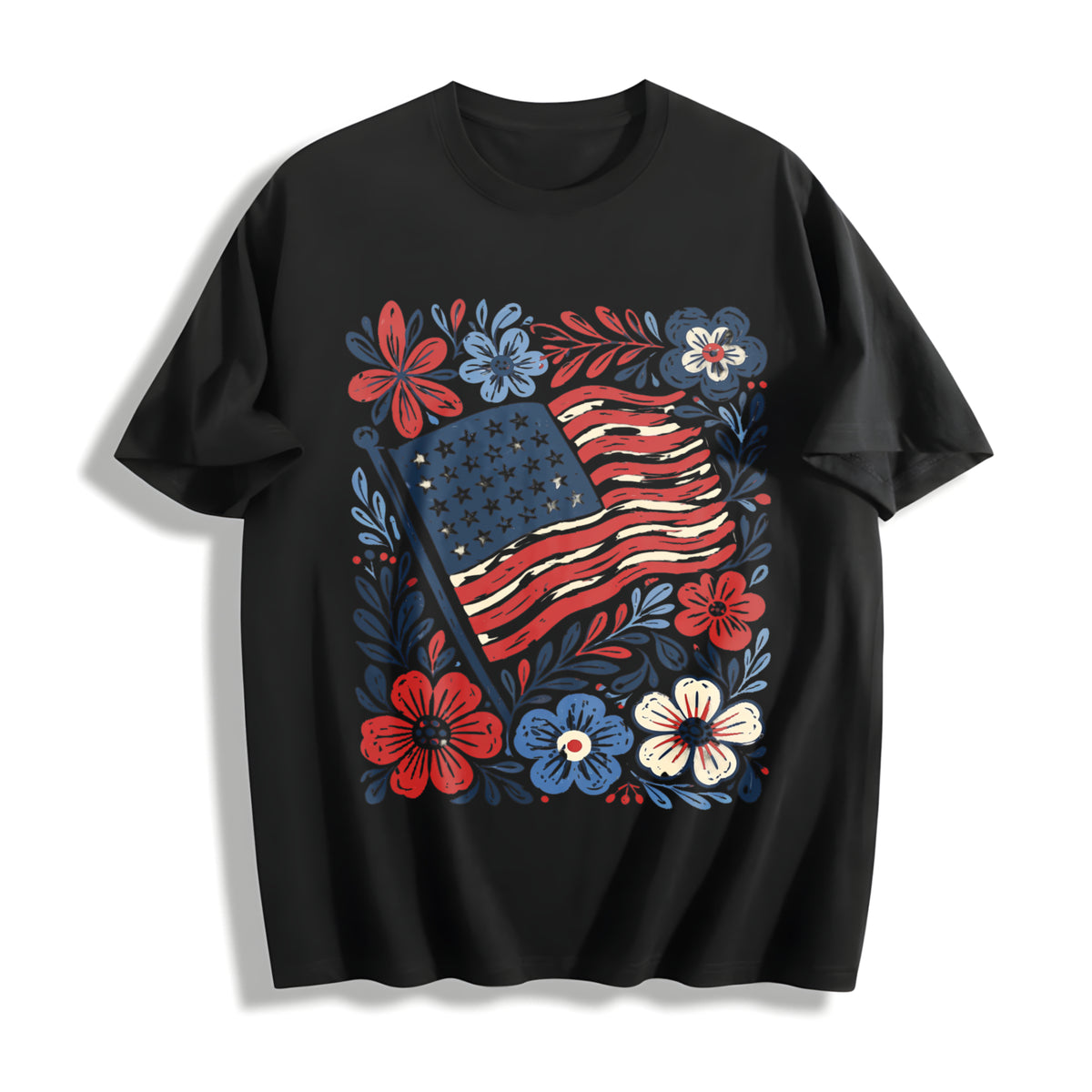 American Flag Floral PNG Cotton T-Shirt in Black