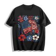 American Flag Floral PNG Cotton T-Shirt in Black