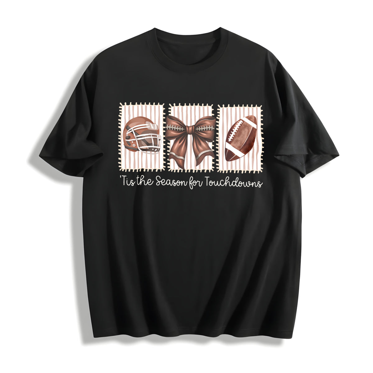 Football Tis the Season for Touchdowns Cotton T-Shirt in Black