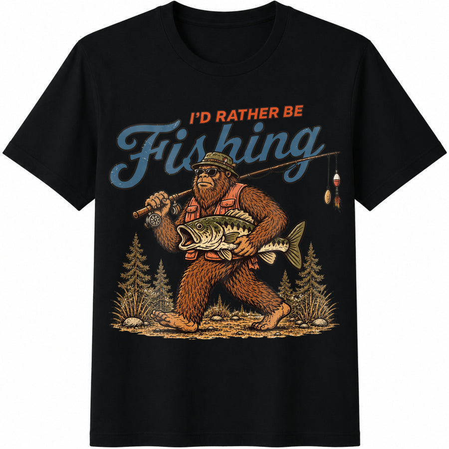 I'd Rather Be Fishing Bigfoot Cotton T-Shirt in Black