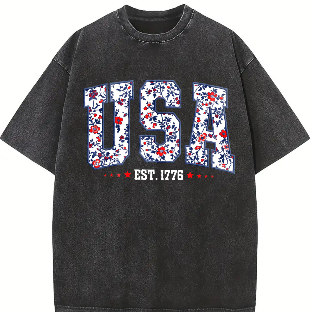 Floral USA America Vintage Washed T-Shirt in Black