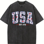 Floral USA America Vintage Washed T-Shirt in Black