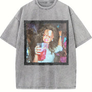 Drinking Glam Doll Vintage Washed T-Shirt in Gray