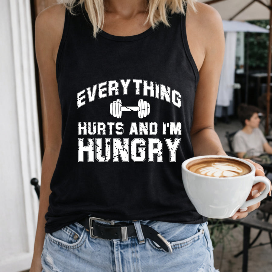Everything Hurts and I'm Hungry Women's Color Cotton Tank Top in Black