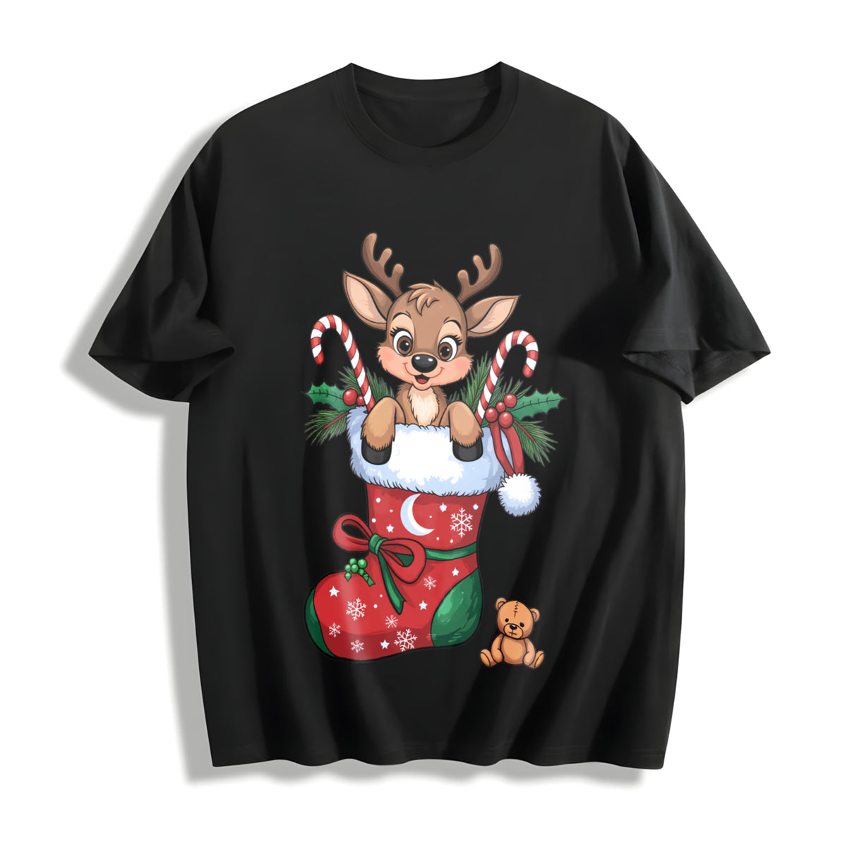 Christmas Reindeer and Candy Cane Cotton T-Shirt in Black