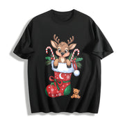 Christmas Reindeer and Candy Cane Cotton T-Shirt in Black