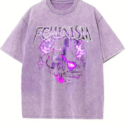 Feminism Dragon Retro Vintage Washed T-Shirt in Purple
