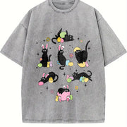 Easter: Black Cat with Bunny Ears in Various Poses Vintage Washed T-Shirt in Gray