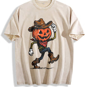 Pumpkin Cowboy Halloween Western Vintage Washed T-Shirt in Beige