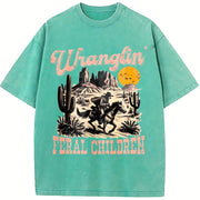 Retro Wranglin' Feral Children Raccoon 90s Western Vintage Washed T-Shirt in Blue