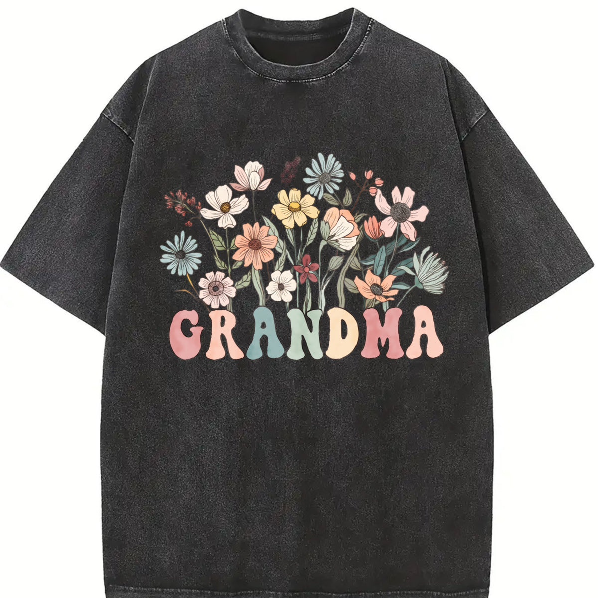 Wildflower Grandma For Grandma Mother's Day For Grandma vintage washed oversized T-shirt in Black