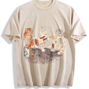 Rock Band Cats Retro Guitar Cat Vintage Washed T-Shirt in Beige
