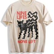 Nine Lives Cat Dark Humor Retro Vintage Washed T-Shirt in Beige