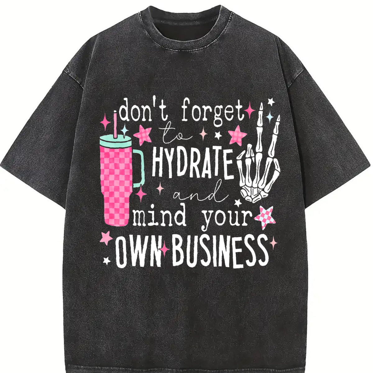 Acid-wash Batik with Snowflake- and Geometric Letter 'M' Vintage Washed T-Shirt in Black