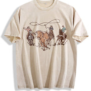 Western Cowboy Alien Vintage Washed T-Shirt in Beige
