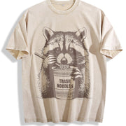 Retro Raccoon Eating Noodle 90s Vintage Washed T-Shirt in Beige
