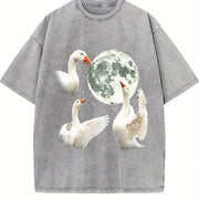 White Goose Howling at Moon 90s Vintage Washed T-Shirt in Gray