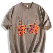 Retro Leopard Star Vintage Washed T-Shirt in Brown