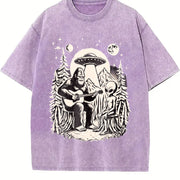 Bigfoot Playing Guitar with Alien and UFO 90s Vintage Washed T-Shirt in Purple