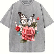 Elegant S Floral Soft Breathable Pink Rose and Green vintage washed oversized T-shirt in Gray