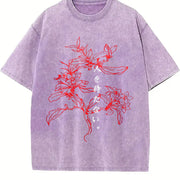 Japanese Floral & Text Distressed Sleeveless Tank Vintage Washed T-Shirt in Purple