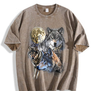 Wolf 90s Wolf Lovers Retro Moon Vintage Washed T-Shirt in Brown
