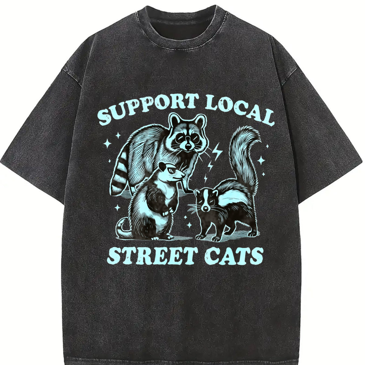 Retro Raccoon Support Local Street Cats 90's Vintage Washed T-Shirt in Black