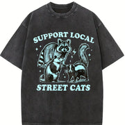 Retro Raccoon Support Local Street Cats 90's Vintage Washed T-Shirt in Black