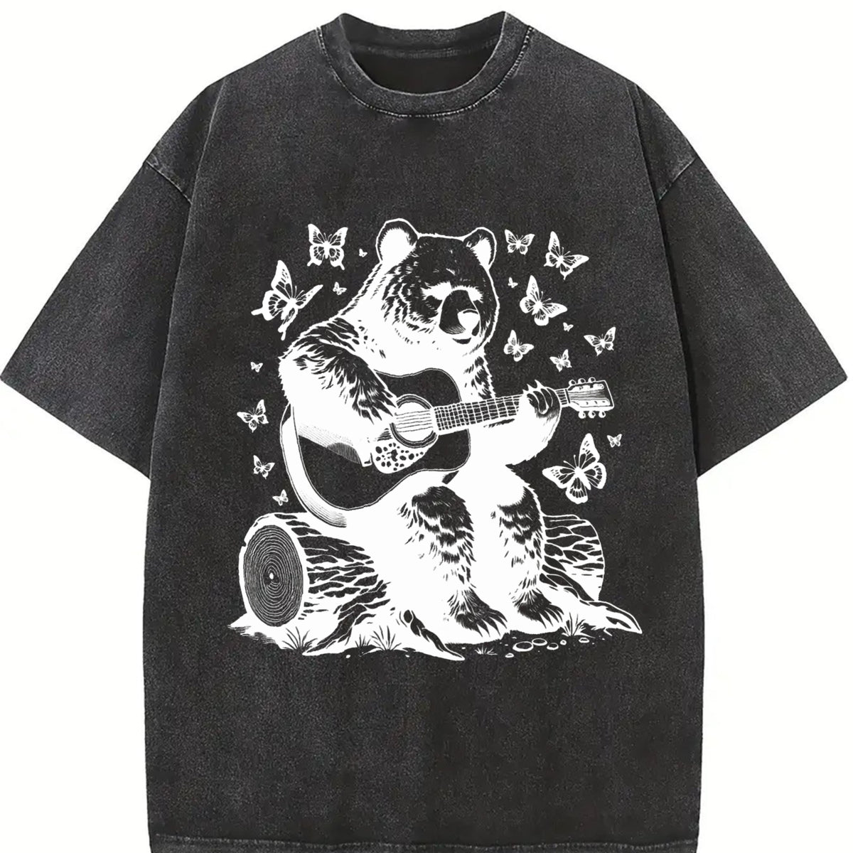 Bear Playing Guitar Retro Vintage Washed T-Shirt in Black