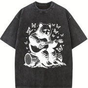 Bear Playing Guitar Retro Vintage Washed T-Shirt in Black