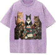 Cats Playing Poker Vintage Washed T-Shirt in Purple