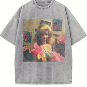 Glam Doll with Flowers Vintage Washed T-Shirt in Gray