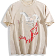 Demon Horned Skull Sleeveless Tank Vintage Washed T-Shirt in Beige