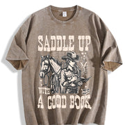 Cowgirl Saddle Up a Good Book Western Vintage Washed T-Shirt in Brown