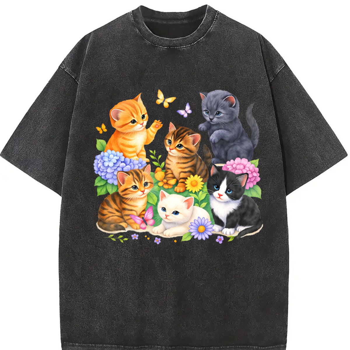 Cute Kitten Cat Lover Vintage Washed T-Shirt in Black