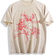 Japanese Floral & Text Distressed Sleeveless Tank Vintage Washed T-Shirt in Beige