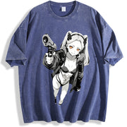 Lucy × David - Cyberpunk Anime for Anime Fans and Lovers vintage washed oversized T-shirt in Blue