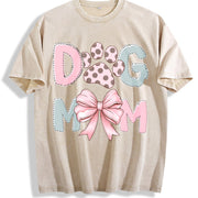 Dog Mom Paw Print Bow Vintage Washed T-Shirt in Beige