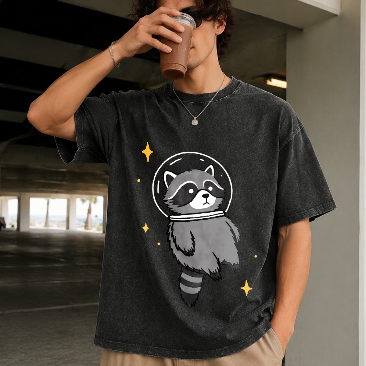 Space Raccoon Vintage Washed T-Shirt in Black