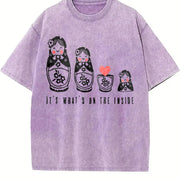 Retro Russian Nesting Wooden Dolls 90s Vintage Washed T-Shirt in Purple