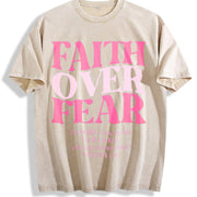 Faith Over Fear Jesus Christian Religious Sayings Bible Vintage Washed T-Shirt in Beige