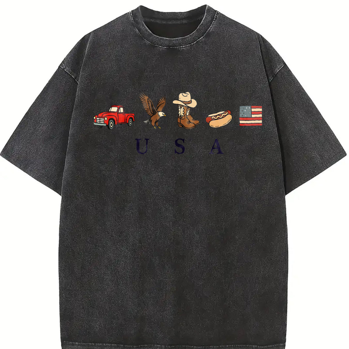 Classic USA Truck Eagle Cowboy Boot Hot Dog Vintage Washed T-Shirt in Black