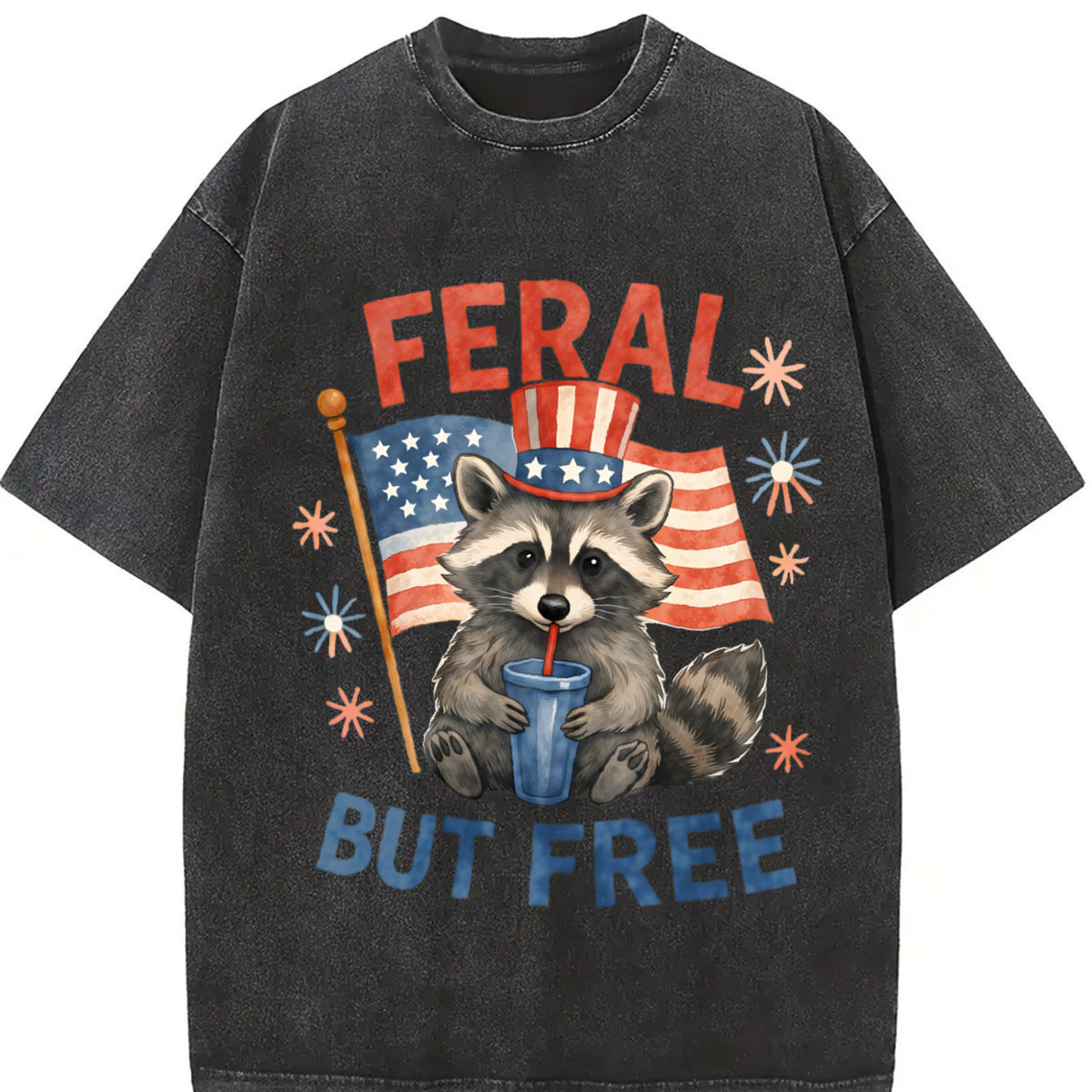 Retro Feral but Free Raccoon 4th of July 90s Vintage Washed T-Shirt in Black