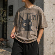 Cat Howl's Moving Castle Vintage Washed T-Shirt in Brown