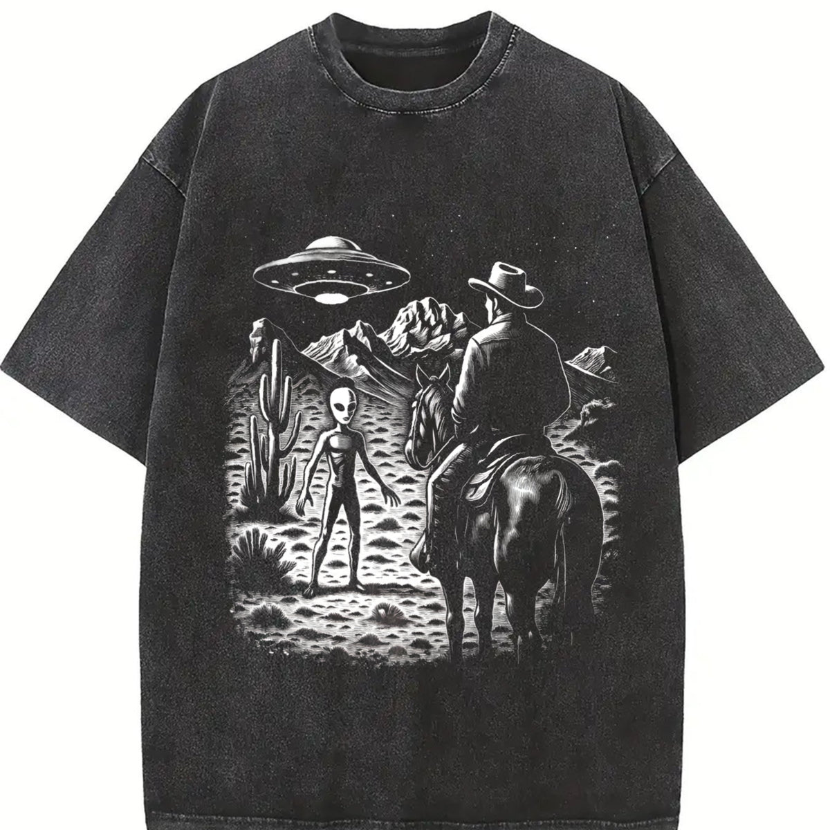 Cowboy Ufo Western ® 90s Vintage Washed T-Shirt in Black